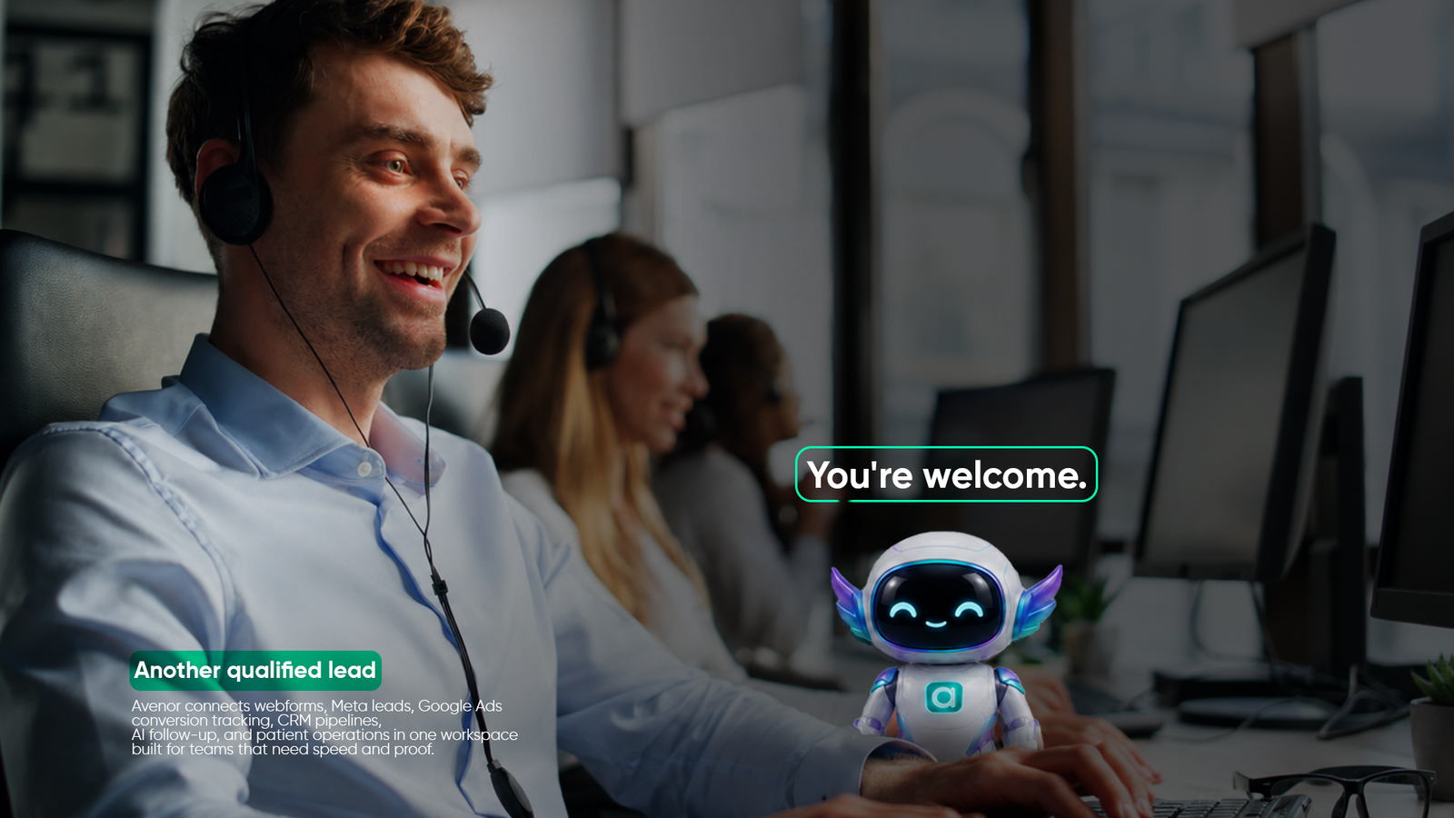 Avenor welcome campaign with customer support team and Avo mascot