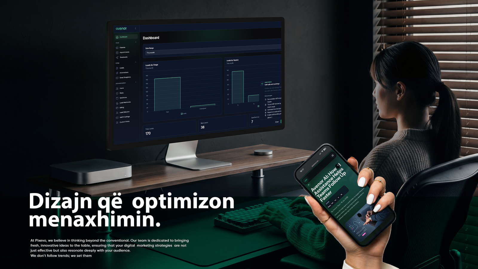 Avenor CRM dashboard displayed across desktop and mobile devices